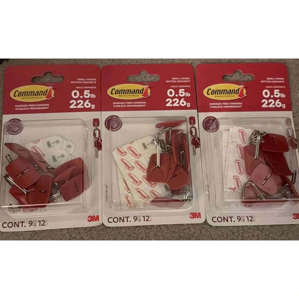 3M Command Red Small Wire Hooks -9 Hooks, 12 Strips - holds .5lbs Lot of 3